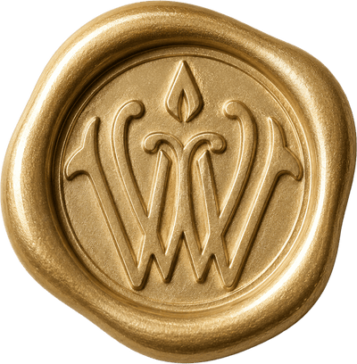 Gold wax seal embossed with the Wonderwick flame-and-W monogram