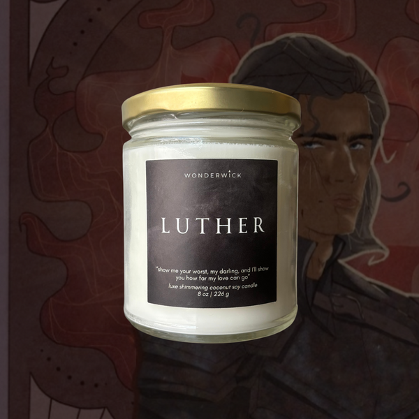Wonderwick Luther candle with a fantasy character illustration