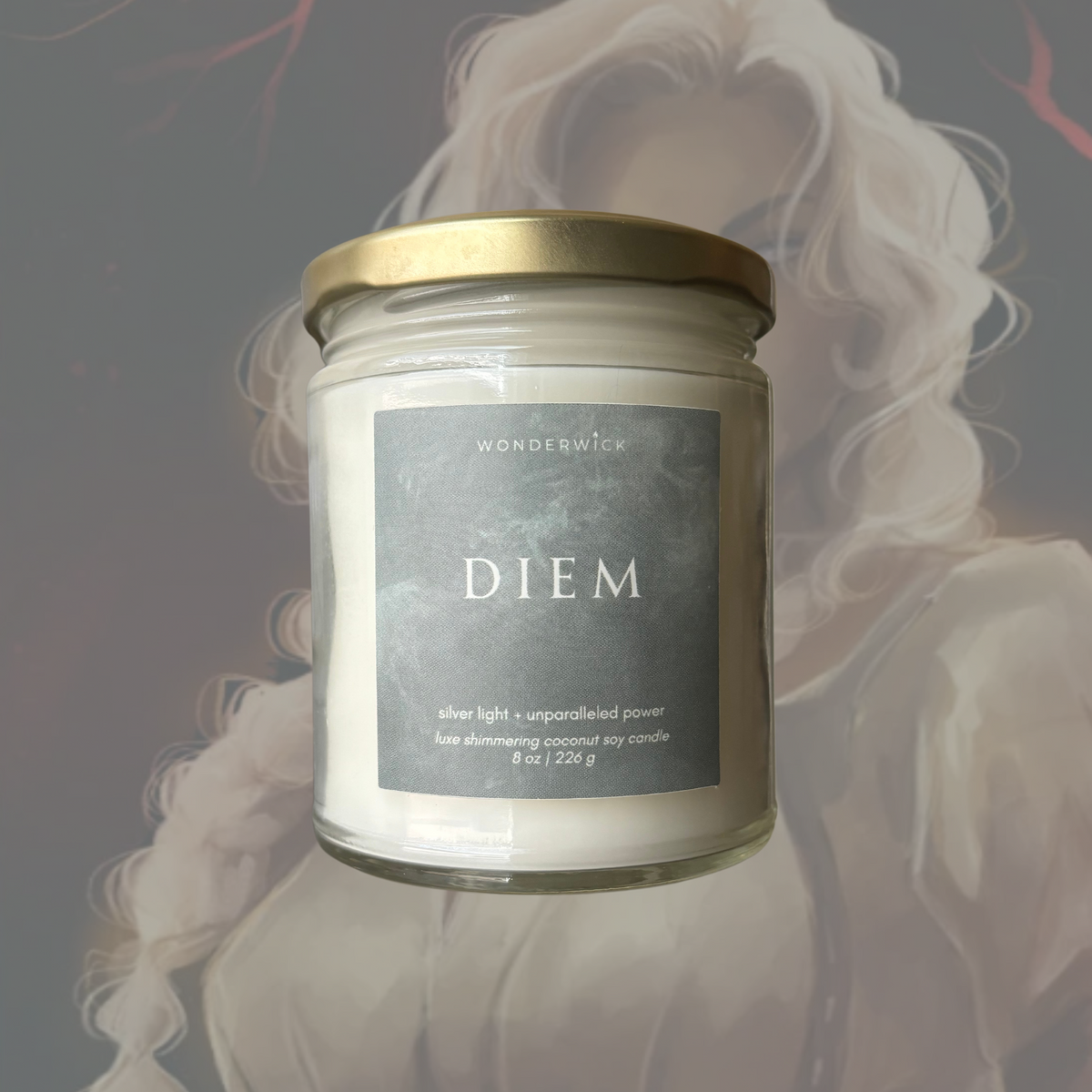 Wonderwick Diem candle with a fantasy character illustration