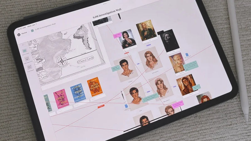 iPad showing an SJM Investigation Wall connecting Sarah J. Maas characters with red string