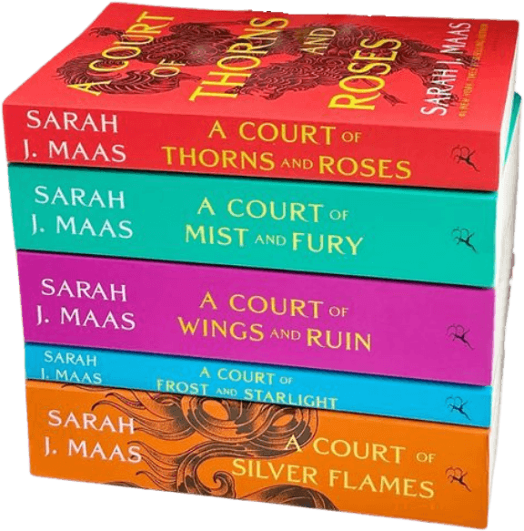 Stack of Sarah J. Maas's five A Court of Thorns and Roses series paperbacks