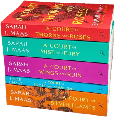 Stack of Sarah J. Maas's five A Court of Thorns and Roses series paperbacks