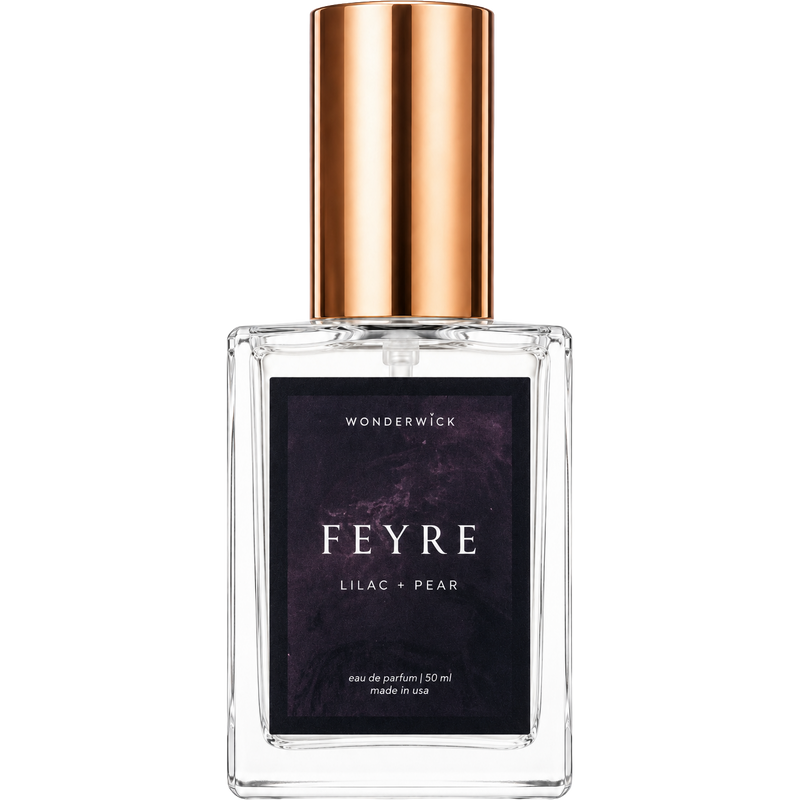 Wonderwick Feyre eau de parfum in a clear glass bottle with rose-gold cap, lilac and pear scent