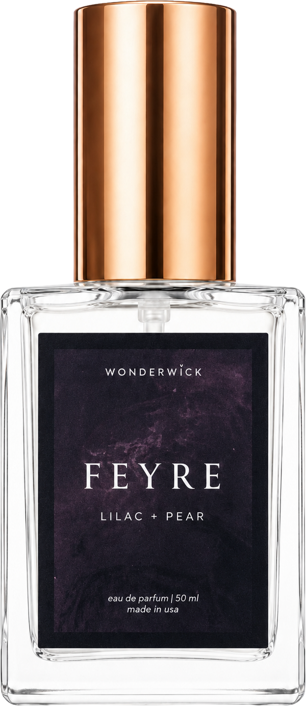 Wonderwick Feyre eau de parfum in a clear glass bottle with rose-gold cap, lilac and pear scent