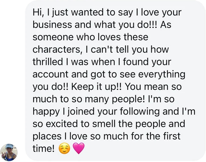 Customer Instagram message praising Wonderwick and its book-character scents