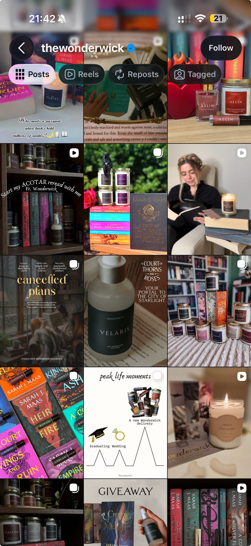 Wonderwick Instagram profile grid of book-inspired candles and perfumes