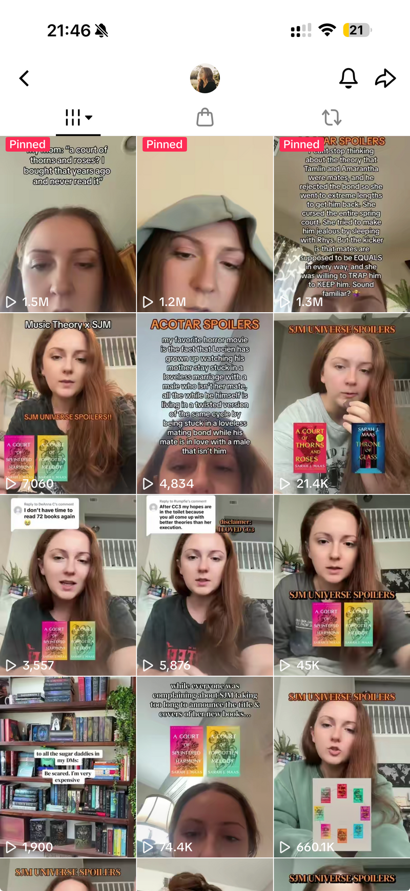 Grid of Wonderwick TikTok videos about Sarah J. Maas books