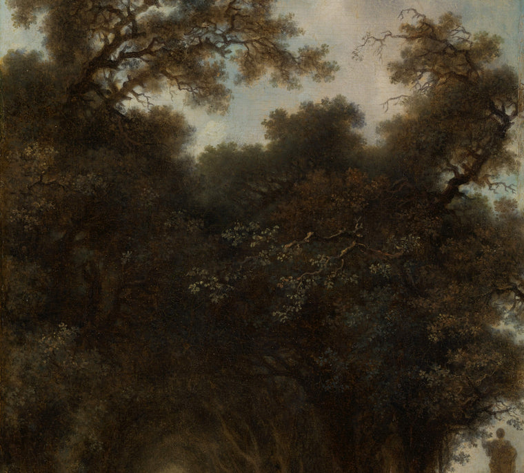 Moody old-master oil painting of a dark, ancient forest with gnarled oak branches over a pale sky