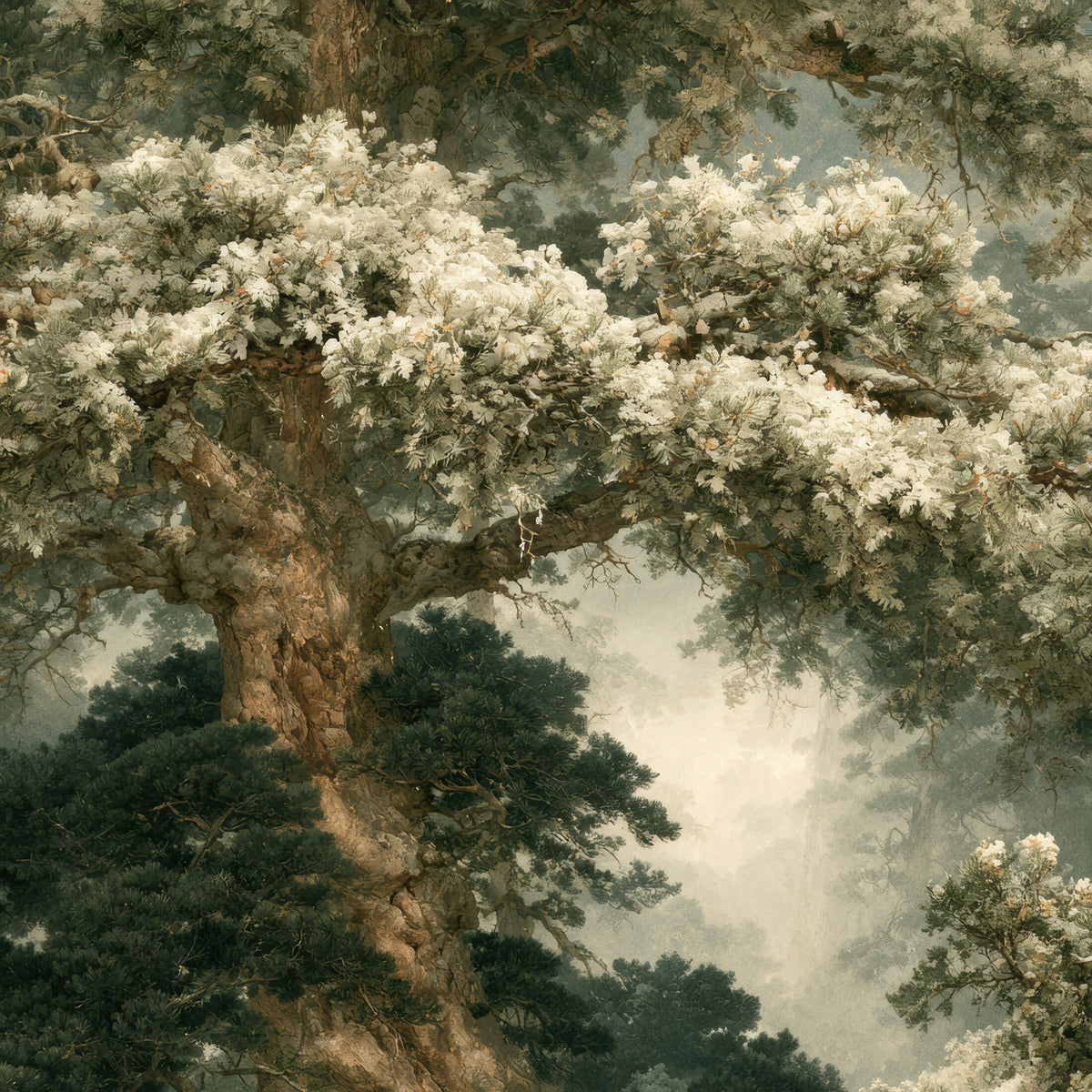 Majestic ancient tree with pale blossoming foliage in a misty painterly forest